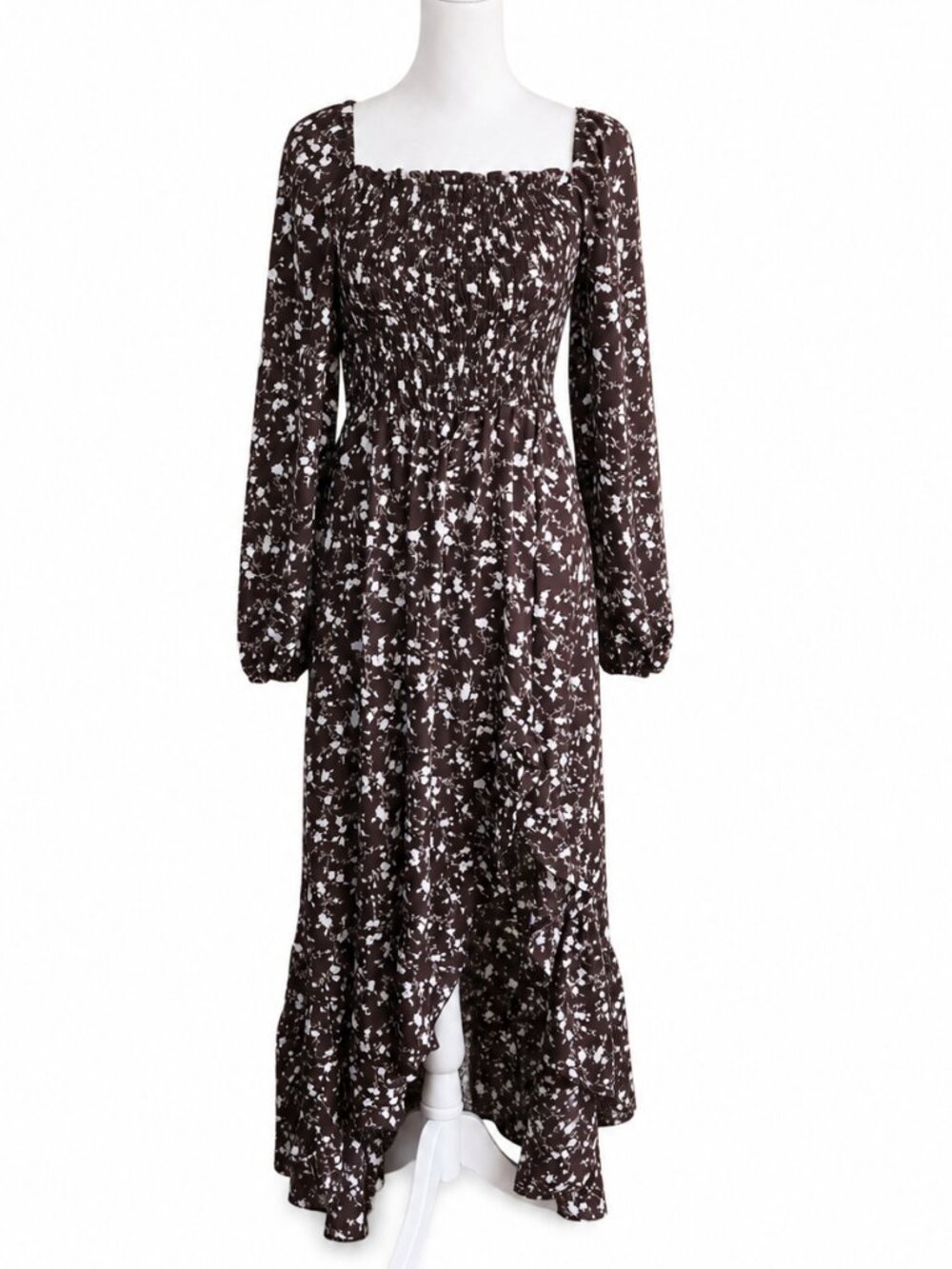 Francesca's Morgan Floral Smocked Maxi Dress Brown Medium Boho Cottagecore